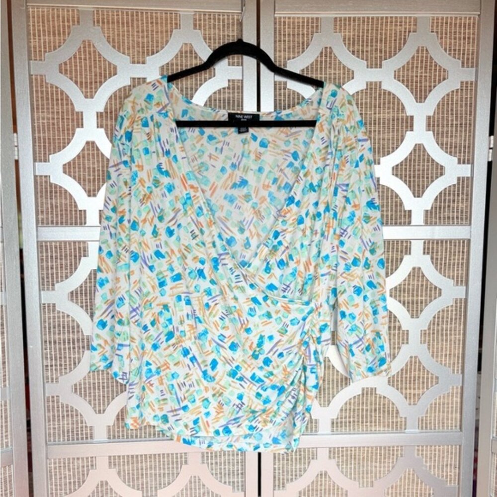 Nine West Blue Ruched 3/4 Sleeve Blouse